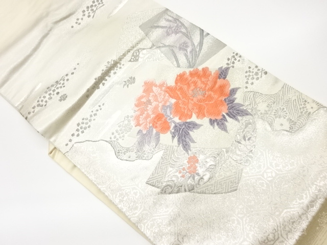 JAPANESE KIMONO / VINTAGE NAGOYA OBI / PLATINUM FOIL / WOVEN TRADITIONAL PATTERN